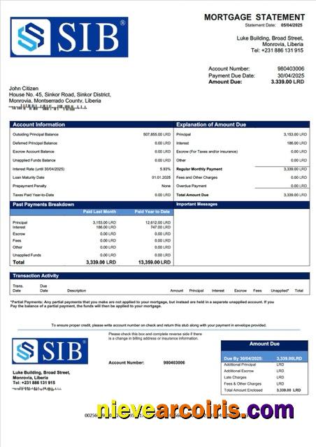 Liberia Sapelle International Bank Liberia Limited mortgage statement Word and PDF template